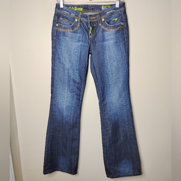 Azzure Y2K Bootcut Jeans Size 26 Low Rise Dark Wash Neon Stitching Vintage 2000s - Picture 3 of 13